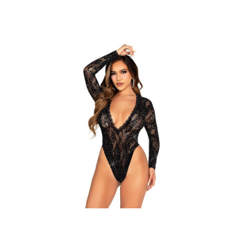 Leg Avenue - Body De Encaje Y Manga Larga Con Diamantes Negro Talla
