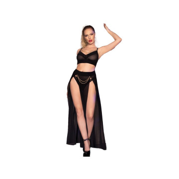 Chilirose - Cr 4672 Top Negro Falda Y Tanga Con Cadenas Doradas L |