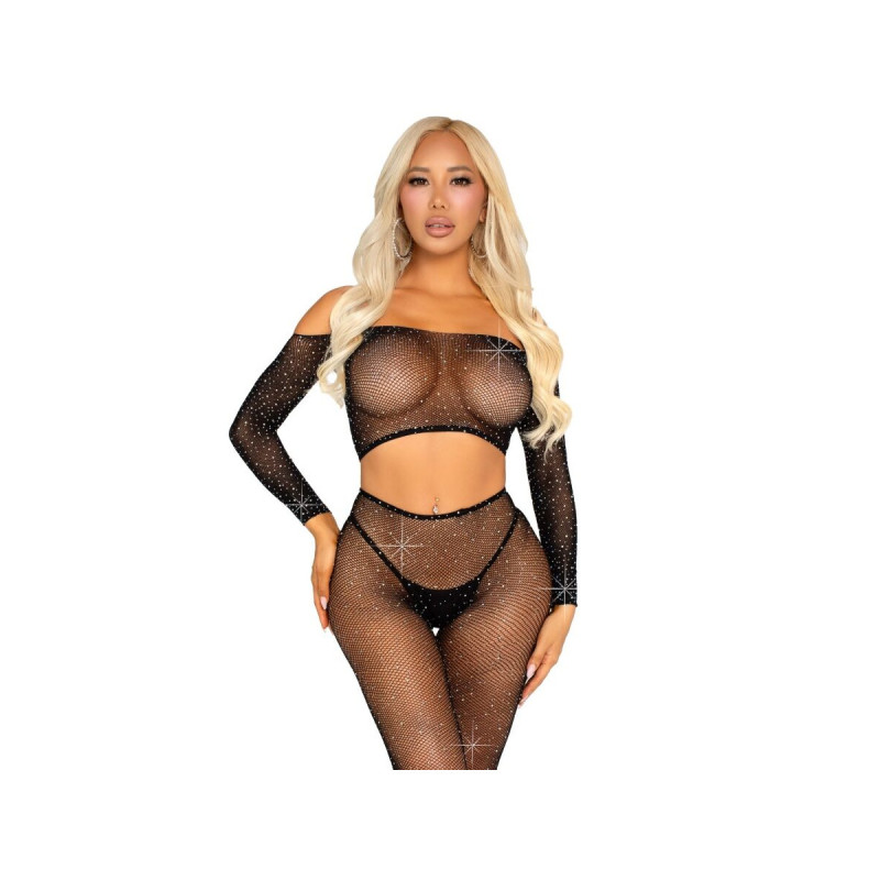 Leg Avenue - Crop Top Et Legging Résille Avec Strass Noir | Vybes.it
