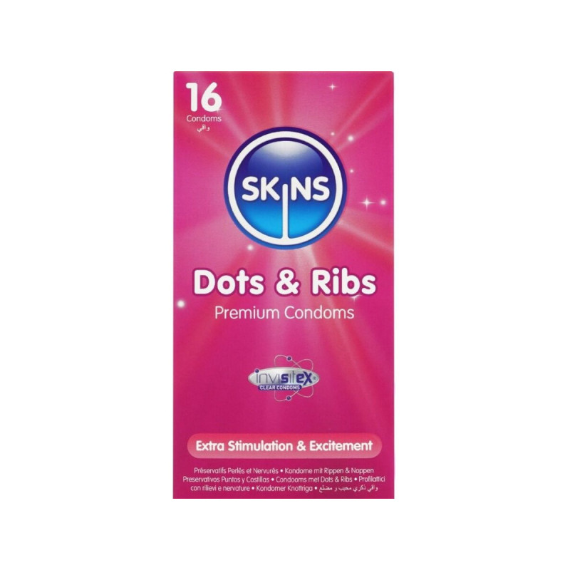 SKINS - PACK DE 16 PRÉSERVATIFS PREMIUM DOTS & RIBS - Points et verge…