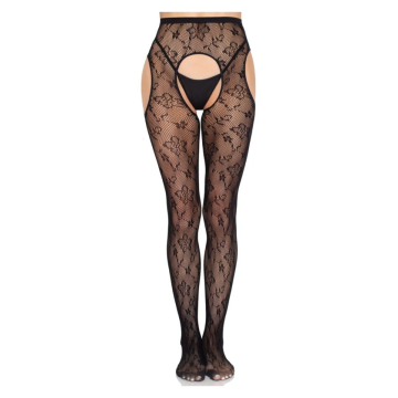 LEG AVENUE - 1967 BLOOM NETZ-STRUMPFHOSE MIT STRUMPFHALTERN, SCHWARZ - EINHEITSGRÖSSE