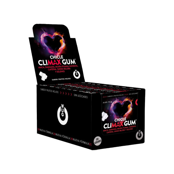 WUG Climax – DISPLAY 12 X 8 UDS | Chicle funcional con Maca, Damiana y Ginseng para potenciar el deseo y la vitalidad íntima