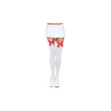 LEG AVENUE - NYLON THIGH HIGHS WITH BOW WHITE / RED - LEG AVENUE HOSI…