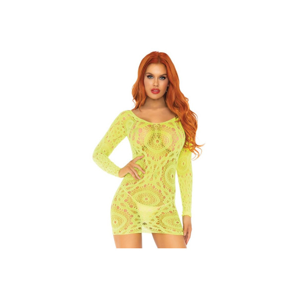 LEG AVENUE - MINI VESTIDO DE ENCAJES MANGA LARGA NEON TALLA ÚNICA