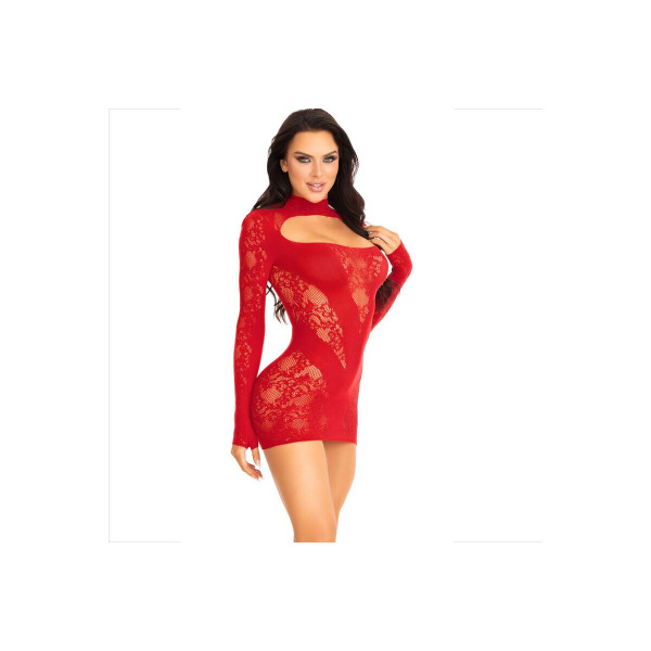 LEG AVENUE - MINI VESTIDO DE ENCAJE CON MANGA LARGA ROJO