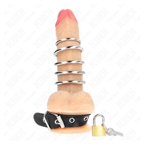 KINK - ANILLO PENE CUERO CORREA CON CERRADURA 21 X 2 CM Y 5 ANILLOS METAL DE 3 CM A 4 CM