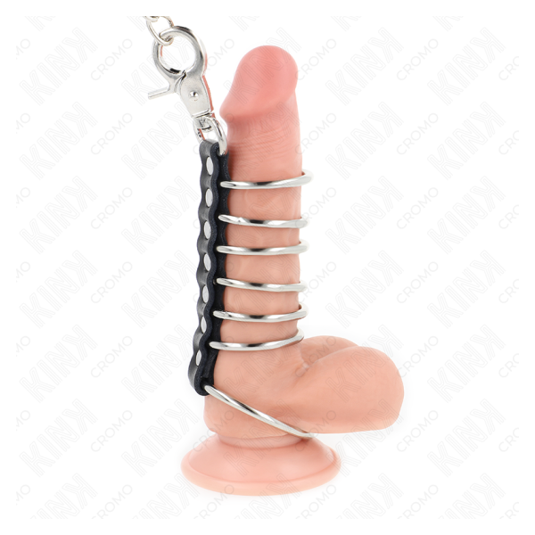 KINK - 7 ANILLOS PENE METAL 3.8 CM A 5 CM CONECTADOS CON POLIPIEL Y CADENA METAL 100 CM