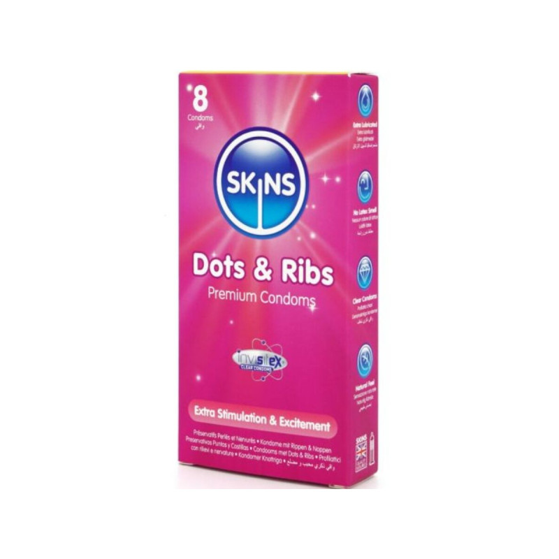 SKINS - PACK DE 8 PRÉSERVATIFS PREMIUM DOTS & RIBS - Points et verget…
