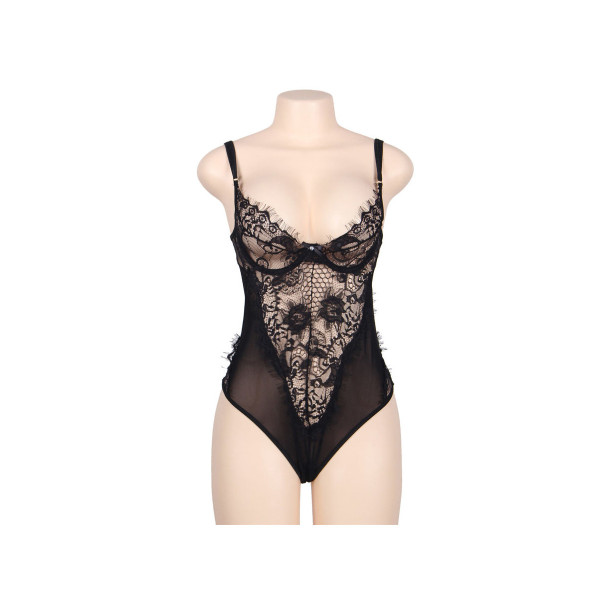 SUBBLIME - TEDDY ENCAJE FLORAL Y CON FLECOS NEGRO TALLA GRANDE