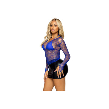 LEG AVENUE - T-SHIRT A RETE MANICHE LUNGHE BLU - LEG AVENUE CHEMISES…