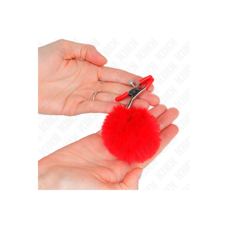 KINK - FAUX FUR BALL NIPPLE CLAMP RED 6 CM - KINK NIPPLE GRIP - Sadom…