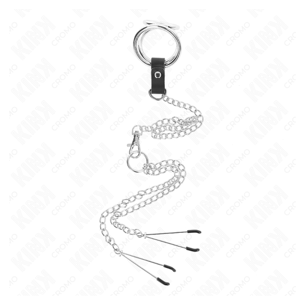 KINK - ANILLO PENE TRIPLE METAL CROMADO 3 CM A 4.5 CM CON CADENA METAL 26 CM Y PINZAS PARA PEZONES
