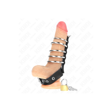 KINK - LEATHER PENIS RING WITH LOCK STRAP 21 X 2 CM AND 5 METAL RINGS…