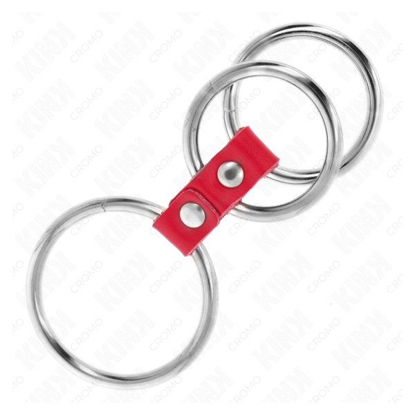KINK - ANILLO PENE TRIPLE METAL 3.7 CM A 5 CM CONECTADOS CON CUERO ROJO