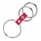KINK - ANILLO PENE TRIPLE METAL 3.7 CM A 5 CM CONECTADOS CON CUERO ROJO