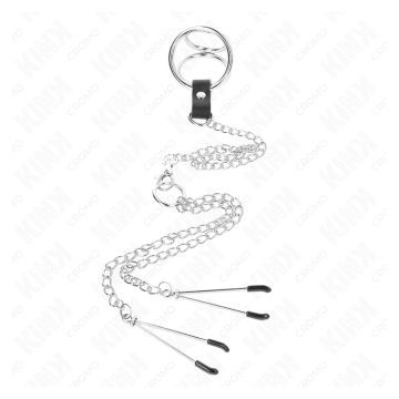KINK - ANILLO PENE TRIPLE METAL CROMADO 3.8 CM A 5 CM CADENA METAL 26 CM Y PINZAS PARA PEZONES MODELO 2