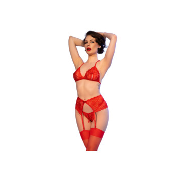 Chilirose - Cr 4848 Set Sujetador + Tanga + Medias De Encaje Rojo