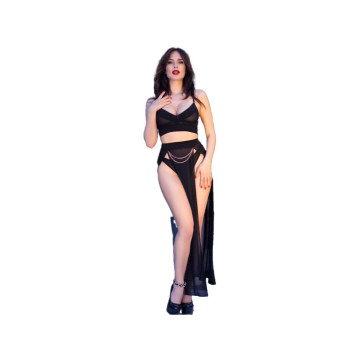 Chilirose - Cr 4672 Top Negro Falda Y Tanga Con Cadenas Doradas S |