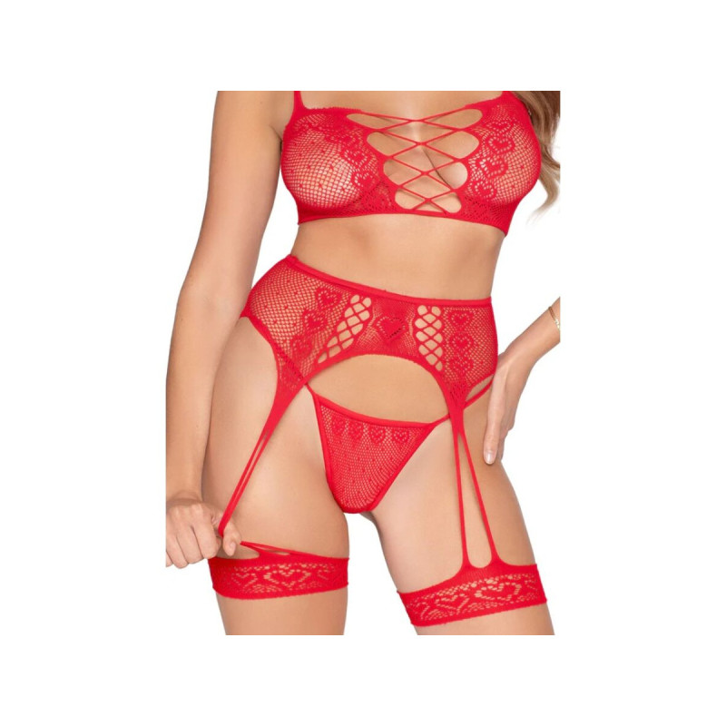 Leg Avenue - 89359 Set Top + Tanga + Liguero Rojo - Talla Única |