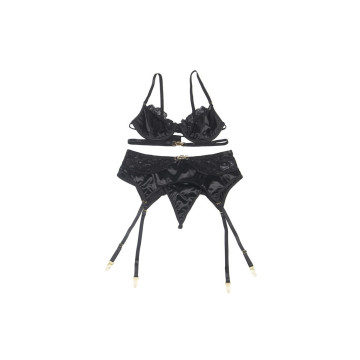 Subblime - Set De 3 Piezas Sujetador + Tanga + Liga Encaje Negro