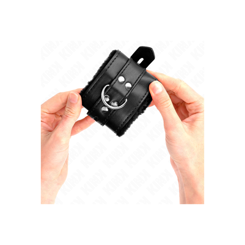 KINK - FUR LINED WRIST RESTRAINTS WITH SQUARE HOLES BLACK AND BLACK B…