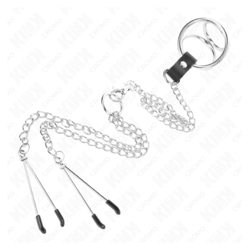 KINK - ANILLO PENE TRIPLE METAL CROMADO 3 CM A 4.5 CM CON CADENA METAL 26 CM Y PINZAS PARA PEZONES