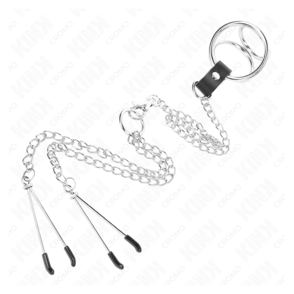 KINK - ANILLO PENE TRIPLE METAL CROMADO 3 CM A 4.5 CM CON CADENA METAL 26 CM Y PINZAS PARA PEZONES