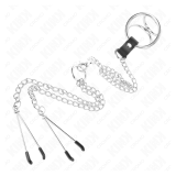 KINK - ANILLO PENE TRIPLE METAL CROMADO 3 CM A 4.5 CM CON CADENA METAL 26 CM Y PINZAS PARA PEZONES