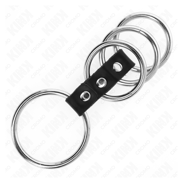 KINK - 4 ANILLOS PENE METAL 3.7 CM A 5 CM CONECTADOS POR CUERO