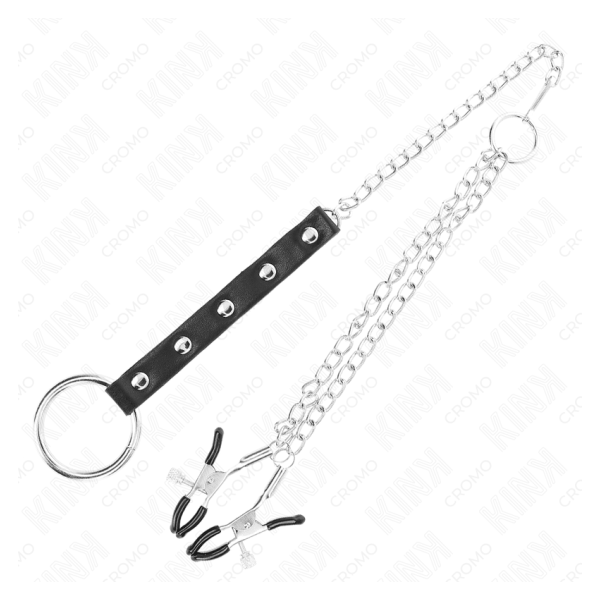KINK - ANILLO PENE METAL CON CADENA Y PINZAS PARA PEZONES AJUSTABLE