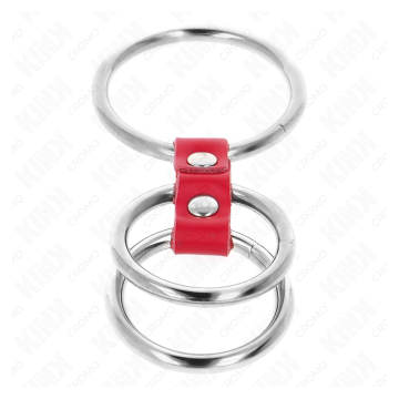 KINK - ANILLO PENE TRIPLE METAL 3.7 CM A 5 CM CONECTADOS CON CUERO ROJO