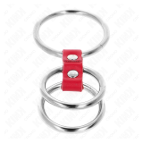 KINK - ANILLO PENE TRIPLE METAL 3.7 CM A 5 CM CONECTADOS CON CUERO ROJO