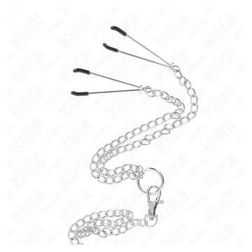 KINK - ANILLO PENE TRIPLE METAL CROMADO 3.8 CM A 5 CM CADENA METAL 26 CM Y PINZAS PARA PEZONES MODELO 2