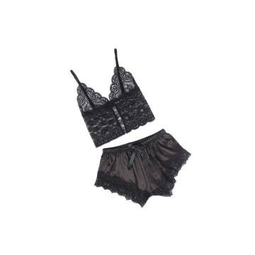Subblime - 953942 Lässige Seidennachthemd + Spitzenhose Schwarz