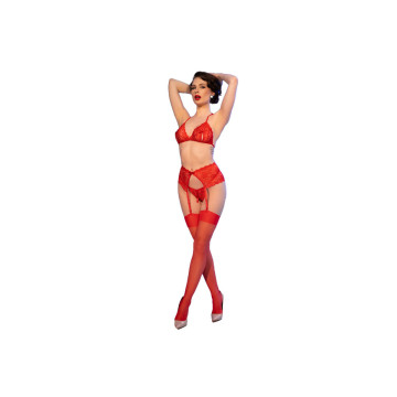 Chilirose - Cr 4848 Set Sujetador + Tanga + Medias De Encaje Rojo S