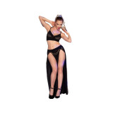 Chilirose - Cr 4672 Top Negro Falda Y Tanga Con Cadenas Doradas S |