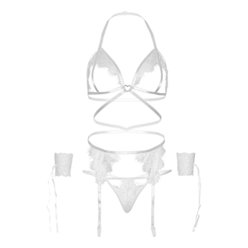 LEG AVENUE - SET CUATRO PIEZAS SUJETADOR, LIGUERO, TANGA Y PUÑOS TALLA ÚNICA - BLANCO