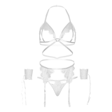 LEG AVENUE - SET CUATRO PIEZAS SUJETADOR, LIGUERO, TANGA Y PUÑOS TALLA ÚNICA - BLANCO