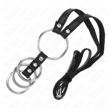 KINK - 4 ANILLOS PENE METAL CONECTADOS 3.8 CM A 5 CM CON CINTURÓN DE POLIPIEL 112 CM