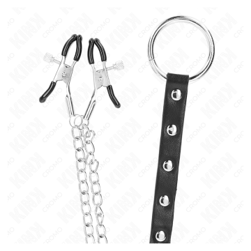 KINK - ANILLO PENE METAL CON CADENA Y PINZAS PARA PEZONES AJUSTABLE