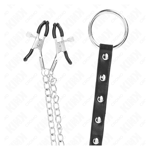 KINK - ANILLO PENE METAL CON CADENA Y PINZAS PARA PEZONES AJUSTABLE