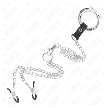 KINK - ANILLO PENE TRIPLE METAL CROMADO 3.8 CM A 5 CM CON CADENA METAL 26 CM Y PINZAS PARA PEZONES MODELO 1