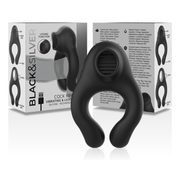 BLACK&SILVER - ANILLO VIBRADOR SILICONA 3 MOTORES RECARGABLE NEGRO