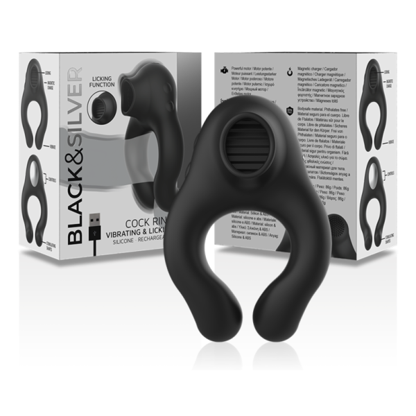 BLACK&SILVER - ANILLO VIBRADOR SILICONA 3 MOTORES RECARGABLE NEGRO