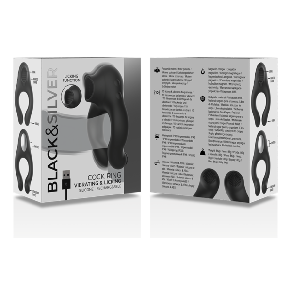 BLACK&SILVER - ANILLO VIBRADOR SILICONA 3 MOTORES RECARGABLE NEGRO