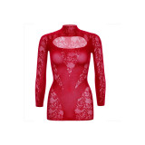 LEG AVENUE - MINI VESTIDO DE ENCAJE CON MANGA LARGA ROJO