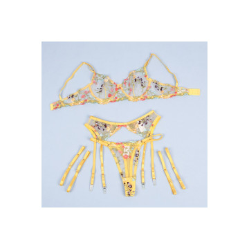 Subblime - 954352 Bh + String + Strumpfgürtel Blumendesign Gelb