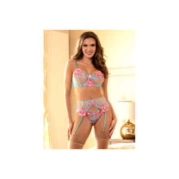 Subblime - 954109 Bh + Höschen Mit Strumpfgürtel Blumendesign Blau