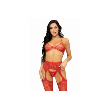 LEG AVENUE - SET TRES PIEZAS SUJETADOR, TANGA Y MEDIAS TALLA ÚNICA - ROJO