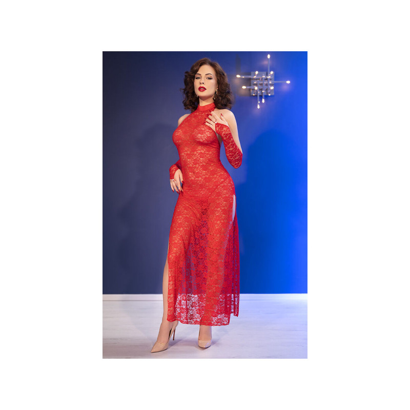 Chilirose - Cr 4853 Vestido Rojo De Encaje Con Guantes S/M |